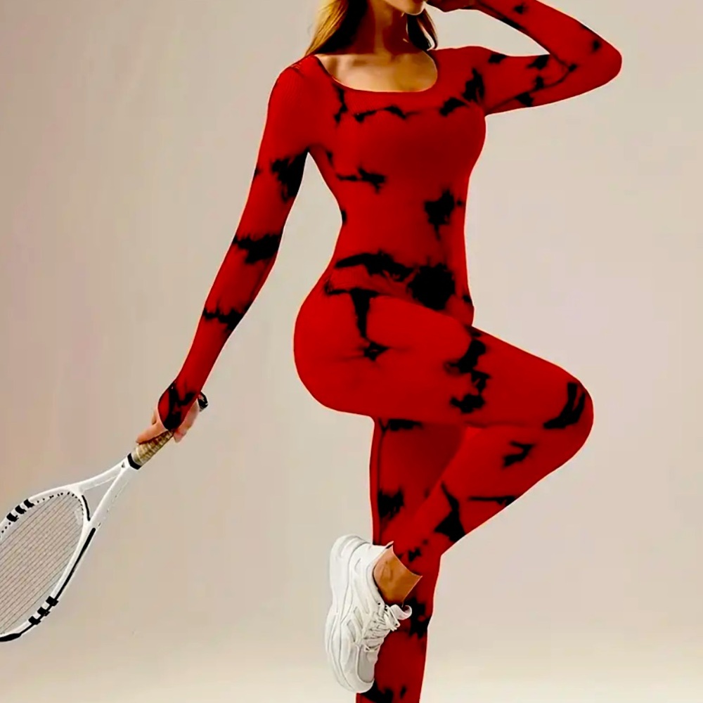 Callie Lives Miz Ribbed Activewear Tie Dye Charcoal or Red Scoop Neck Jumpsuit - Picture 3 of 8